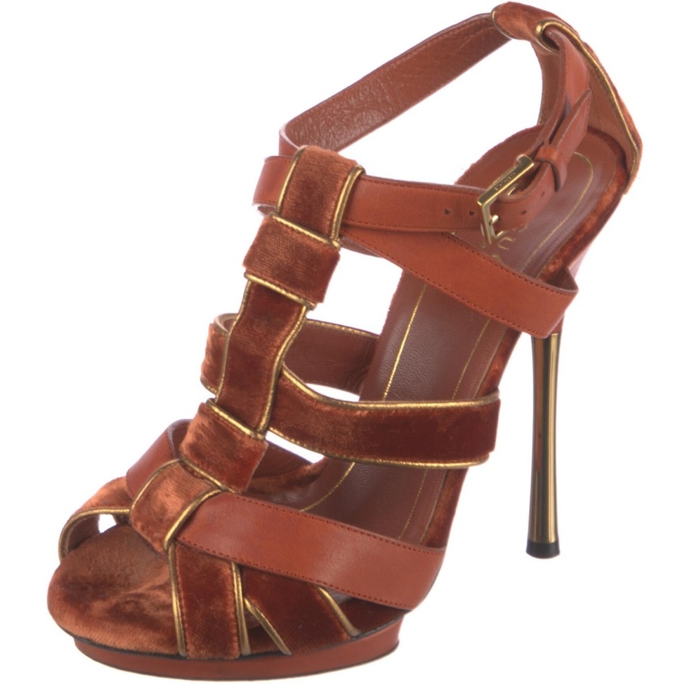 Gucci Shoes Malika Velvet Leather Heels Buckle Strap Orange Size 35.5 (US 5.5)